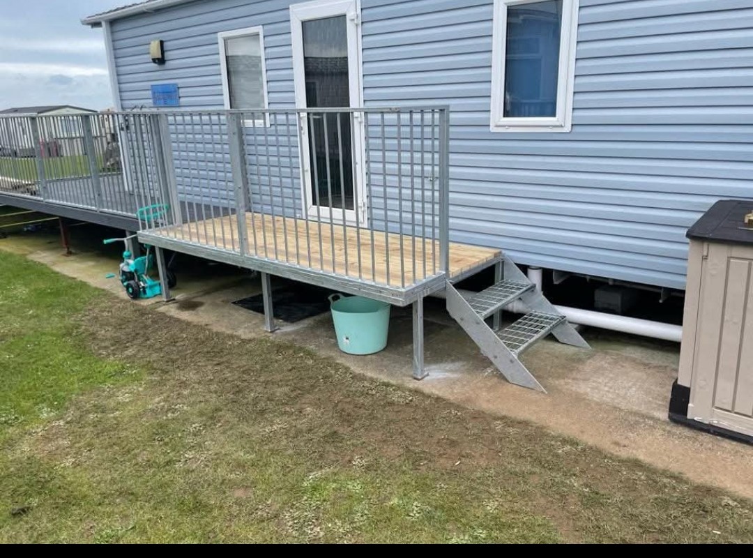 Decking and railings for a static caravan